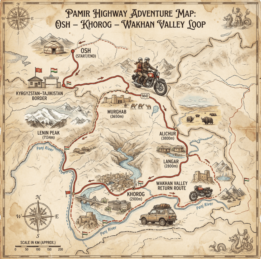 Mapa de la ruta recorrida en la Pamir Highway desde Osh